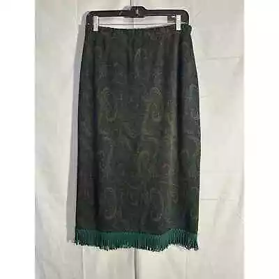 Vintage Lemmi Fringe Skirt Small Petite Green Paisley Knit Midi Bohemian Western • $34.99