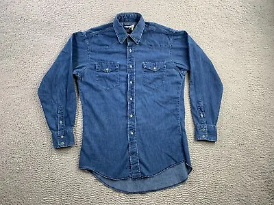 Vintage Wranger Shirt Mens 15 33 Blue Chambray Pearl Snap Western Made In USA • $29.88