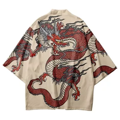 Men Japanese Kimono Cardigan Yukata Dragon Pattern 3/4 Sleeve Coat Outwear • £23.52