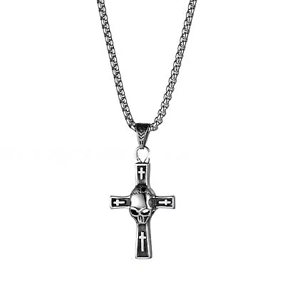 Mens Stainless Steel Gothic Skull Cross Biker Pendant Necklace With 22  Chain • $10.99