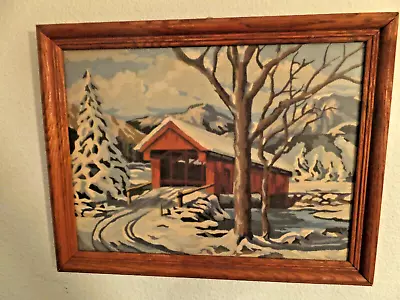 Vtg C.1960 Paint By Number 14  16  Covered Bridge In Winter Frame Glass • $36