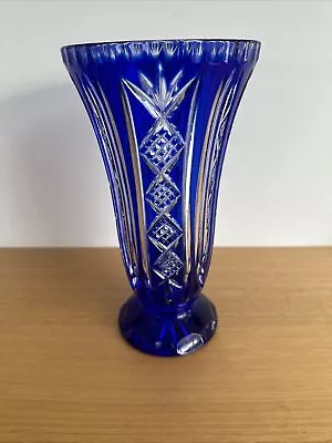 Vintage Cobalt Blue Crystal Cut To Clear Vase / 26 Cm Tall • $80
