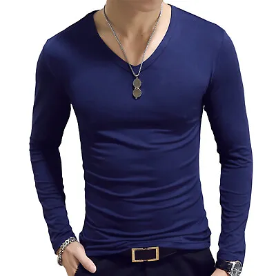 US Men's Slim Fit V-Neck Long Sleeve Pullover T-Shirt Muscle Workout Tee Top • $11.03