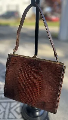 Vtg Lizard Skin Purse Exotic Leather Brown Handbag Clam Shell Sterling 50’s Bag • $23.99