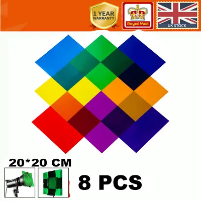 8PCS 20x20cm Clear Color Gel Light Filter Pack For LED Light Strobe Flash Light • £10.99