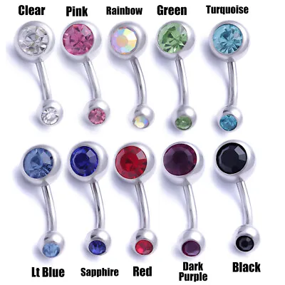 Belly Bar Surgical Steel Double Crystal Gem Navel Bar Button Ring Belly Bars • £1.39