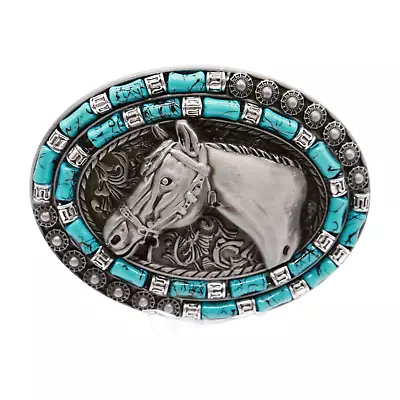 Men Rodeo Belt Buckle Silver Metal Horse Turquoise Blue Bead Cool Southwestern • $17.99