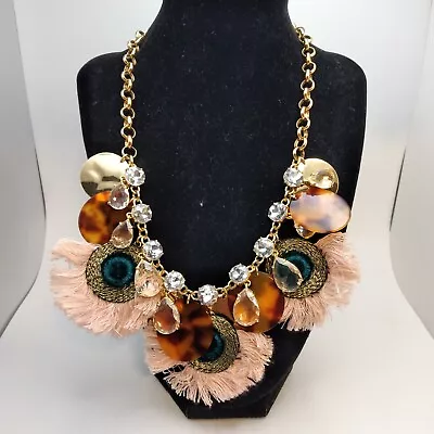 J.crew Fan Statement Necklace Faux Tortoise Embroidered Goldtone Rhinestone Boho • $20