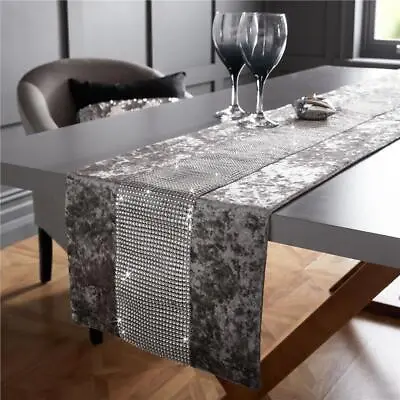 Diamante Table Runner Crushed Velvet Silver / Grey White Black 72  Or 90       • £15.99