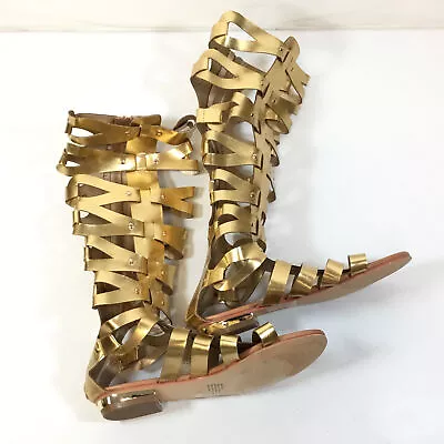CAMSSOO Womens Gold Open Toe Back Zip Knee High Gladiator Sandals Size 8.5 Used • $40.49