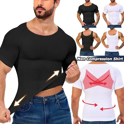 Men Body Shaper Compression Short Sleeve Shirt Undershirt Tummy Control Tank Top • £12.79