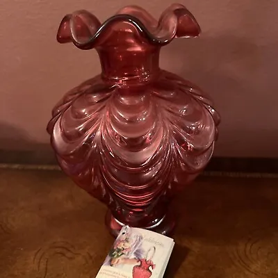 Vintage Fenton Cranberry Drape Feathery Ribbed Vase • $34.95