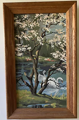 Vintage Paint By Number Framed Seasons SPRING Swans Trees Lake  Master Craft 60s • $44