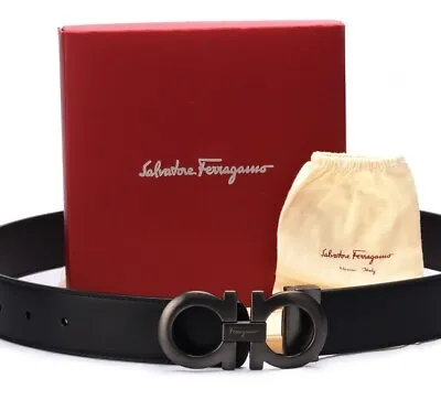 NEW Salvatore Ferragamo Gancini Reversible Belt 35mm Black/Hickory Ruthenium • $299.75