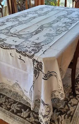 Vintage White Needlelace  Embroidered Point De Venise Tablecloth 12 Napkins 265c • $189.42