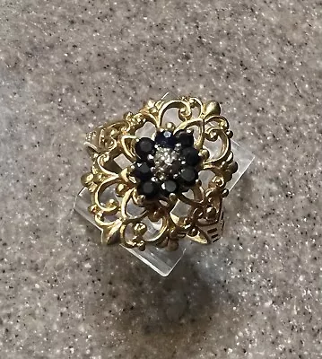 Vintage 10K Yellow Gold Blue Sapphire & Diamond Filigree Floral Shield Ring • $299