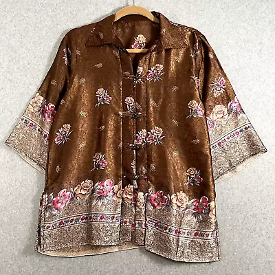 Unbranded Womens L Short Sleeve Asian Style Blouse Brown Floral NWOT • $12