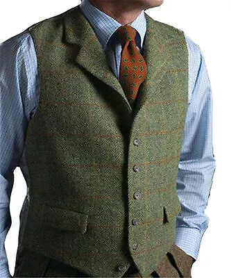 Mens Tweed Vest Vintage Western Windowpane Plaid Formal Vests M Large XL 2XL 3XL • $14.99