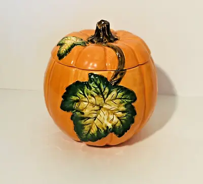 Pumpkin Lidded Dish Candy Cookie Jar Ceramic 3D Painted Leaf Halloween Autumn • $23