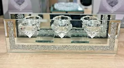 Set Of 3 Luxury Crushed Crystal Tealight Candle Holders & Mirror With WALLS • £15.99