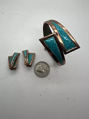 Matisse Renoir Turquoise Blue Nile Enamel Hinged Bracelet & Clip-on Earrings C6 • $59.99