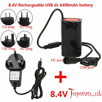 USB Rechargeable 6400 8.4V Battery Pack USB+DC Port For Bike Head Lamp  Charger • £5.99