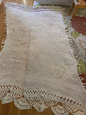 Vtg Crochet Fishnet Bed Canopy Cover Coverlet Tied Knotted 132 X 60” Tassels • $99