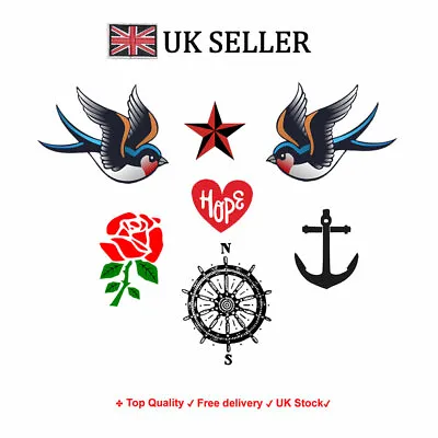 Set Of 7 Sailor Temporary Tattoo Waterproof Swallow Anchor Nautical Star Heart • £3.69