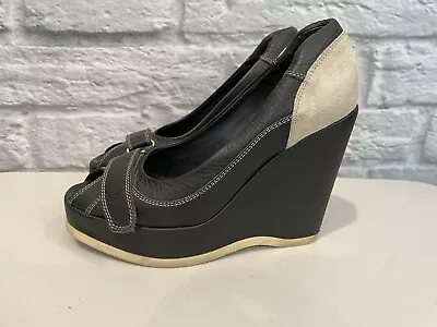 Miu Miu Women's Gray Leather Color Block Peep Toe Wedge Shoes Sz 37/7 US • $89.99