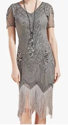 Women Dress SZ Large Gray Silver Neck Beaded Fringed 1920 Great Gatsby Party NWT • $14.99