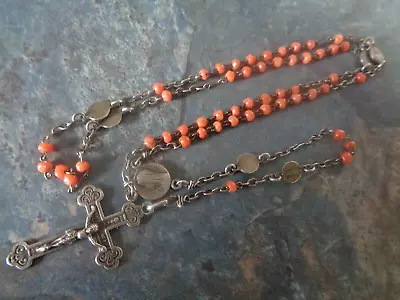 Vintage Coral  MINIATURE Rosary Beads & Crucifix C.1930s Notre Dame De LOURDES • £74.99