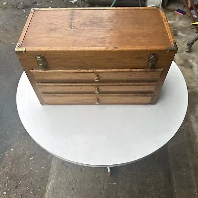 Vintage Wood Machinist Chest Tool Box 3 Drawers And Top Homemade Brass • $189.99