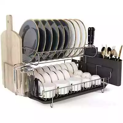 2 Tier Stainless Steel High Capacity Dish Drying Rack Set Kitchen Black • $30