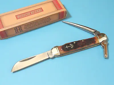 ROUGH RYDER RR535 Marlin Spike Amber Jigged Bone Pocket Knife 4 1/2  Closed NEW! • $21.25