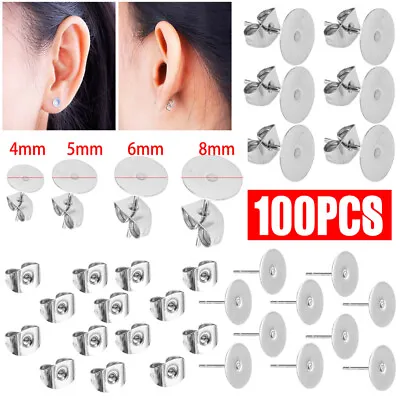 100Pcs Stainless Steel Stud Post Earring Findings With Round Flat Pad 4/5/6/8mm • £2.99
