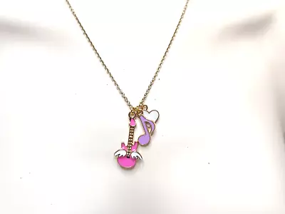 New Pink Guitar Music  Note Heart Charm Pendant Necklace Gold Chain • $10