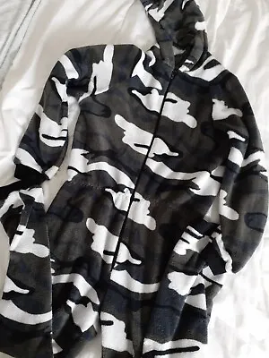Fox In A Box Camouflage Khaki Grey Black Velour Hooded Pyjama All In One Piece • £3