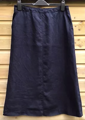 ROWLAND’S Navy Blue Pure Linen Lined Midi Skirt Back Split Size 40 Waist 32in • $17.26