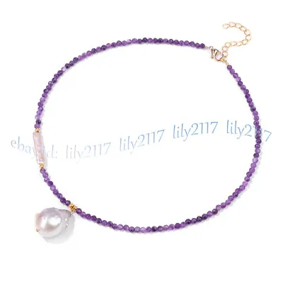 Faceted 3mm Natural Amethyst Round Beads White Baroque Pearl Pendant Necklace • $12.58