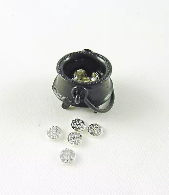 Dollhouse Miniature Small Black Pot Of Silvertone Coins J079 • $8.99