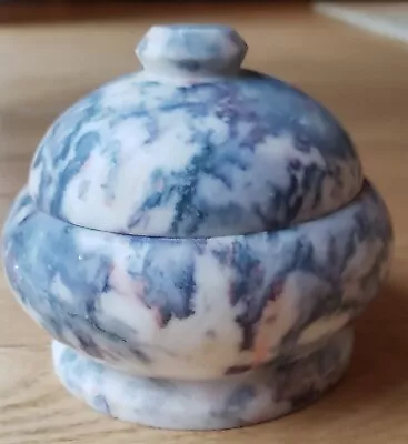 Vintage Round Marble Stone Trinket Box With Lid Blue White Pinks • $14.99