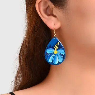 $2.99 • Buy Bohemian Jewellery Flower Pattern Blue Water Drop Acrylic Trendy Women Earrings
