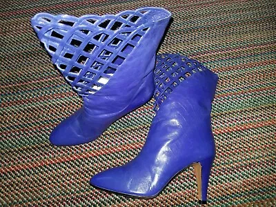 80's HALSTON Womens Vintage Boots NEW UNWORN Purple Leather Cage Woven Sz 7.5 • $350