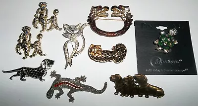 9 Vintage Animal Critter Brooches Pins Dogs Cat Leopard Lizard Dragon Turtle • $25