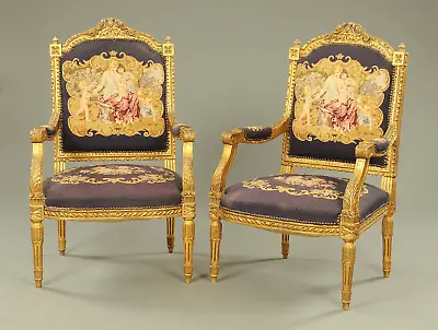 Vintage Chairs / Pair Of Louis XVI Style Gilt Painted Wooden Tapesry Armchairs • £950