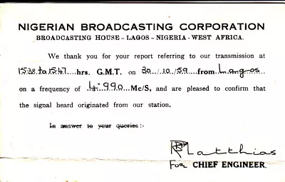 1959 QSL: Nigerian Broadcasting Corporation Lagos Nigeria • $3
