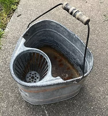 Vintage Heavily Galvanized Metal 3 Sided Mop Bucket & Cone Strainer Wood Handle • $45