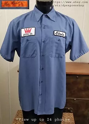 ELVIS Button Up S/S Work Shirt Crown Electric Co Vintage RED KAP Blue Size L • $45.99