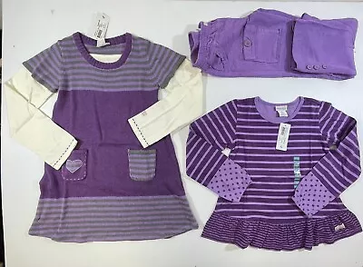 Naartjie Girls Purple Cotton Striped Sweater Dress Tunic Pant 3Pc Set 7 8 • $39.99