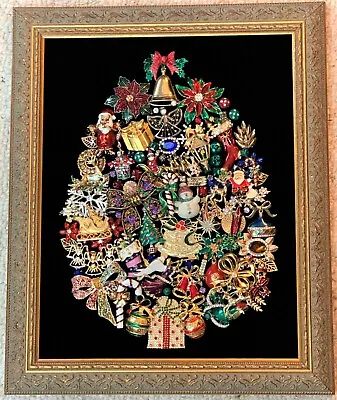 Festive & Unique Framed Jewelry Art Christmas Tree Vintage & Modern Jewelry  • $325